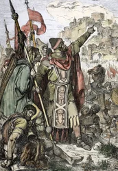 Invasión bárbara: "El rey de los hunos Atila (406-453) apresado para sitiar la ciudad de Aquilea en Italia vigila con sus soldados