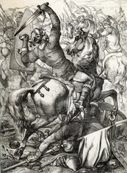 Batalla de Hastings librada el 14 de octubre de 1066 entre el ejército normando-francés del duque Guillermo II de Normandía y un ejército inglés al mando del rey anglosajón Harold II, durante la conquista normanda de Inglaterra Dibujo a la pluma Historical