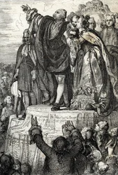 Celebración de la Primera Federación Nacional el 14 de julio de 1790 en el Altar de la Patria de Champs-de-Mars, con motivo del primer aniversario de la toma de la Bastilla: El rey Luis XVI, rodeado de su familia, jura la Constitución.