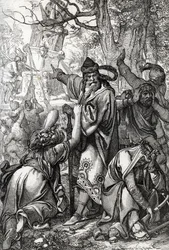 Emperador Carlomagno (ca. 742-814) en guerra contra los sajones, 772 (Emperador Carlos el Grande (Carlomagno) durante las guerras sajonas, 772) Dibujo a pluma de "Historische Memorabilian des In-und Auslandes" (Recuerdos históricos) de Anton Ziegler
