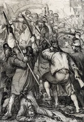 Revolución francesa: la multitud armada y furiosa entra por el puente levadizo y asesina a la guarnición y al gobernador durante la toma de la Bastilla