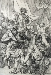 Heptarquía: "representación del líder anglosajón Hengist (siglo V) matando a sus enemigos para fundar el reino de Kent, hacia 461" (Saxon heptarchy: El líder anglosajón Hengist (o Hengest) matando a sus enemigos durante la invasión de Bretaña, 461 ca) Fea