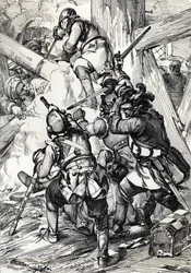 El rey Carlos (o Carl) XII de Suecia (1682-1718) defendiéndose contra los turcos en Bender (Bendery) febrero de 1713, Moldaie (El rey exiliado Carlos (Carl) XII de Suecia defendiéndose contra las turbas y los jenízaros otomanos, Bender, febrero de 1713) Di