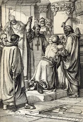 El rey Enrique II de Inglaterra (1133-1189), implicado en el asesinato de Thomas Becket, hace penitencia ante la tumba del arzobispo
