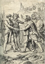 Desembarco de Hengest y Horsa, figuras de la leyenda anglosajona, que registra a los dos como los hermanos germánicos que dirigieron los ejércitos anglos, sajones y jutos que conquistaron los primeros territorios de Gran Bretaña en el siglo V Pen extraído 