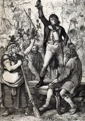 Estallido de la Revolución francesa en 1789: se exhorta al pueblo reunido a elegir el color de una escarapela y a tomar las armas