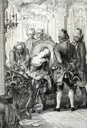 La reina Carolina Matilde de Dinamarca (1751-1775), obligada a firmar los documentos de divorcio tras su aventura extramatrimonial en 1772. Dibujo a pluma