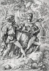 Reina de Inglaterra Margarita de Anjou (1430-1482) y su hijo Eduardo rescatados por un ladrón durante su huida tras el triunfo de los yorkinos