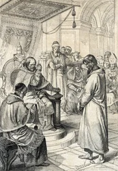 Querilo de las investiduras, penitencia de Canossa: En Canossa, el emperador Enrique IV del Sacro Imperio Romano Germánico (1050-1106), vestido de penitente, implora el perdón del papa Gregorio VII (Hildebrando: 1015/20-1085) haciendo honor a su enmienda e