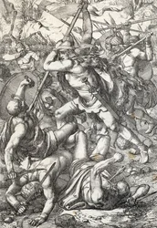 Representación de Pelayo el Conquistador (Pelagio o Pelayo) (fallecido en 737), rey de Asturias, triunfante contra los sarracenos, 719, Covadonga, España (el rey Pelayo de Asturias, noble visigodo que fundó el Reino de Asturias, luchando contra los moros