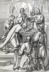 Representación de San Agustín de Canterbury (fallecido en 604), enviado a Inglaterra por el Papa Gregorio Magno en 596 para convertir a los anglosajones - Se encuentra aquí ante Ethelbert, rey anglosajón de Kent (552? -616) al que bautizó en 597 (Agustín, 