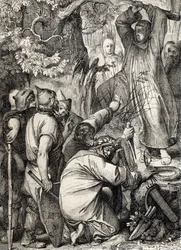 Representación de San Bonifacio de Maguncia (680-754) talando el roble de Thor para convencer a los druidas de que no es un árbol sagrado (San Bonifacio (Bonifacius) destruyendo el roble de Thor (Donar o roble de Jove) árbol sagrado de los paganos germánic