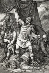 Antigüedad romana: "La toma de Jerusalén" representación del asedio de Jerusalén por los romanos en el año 70 d.C., la ciudad es saqueada por las tropas del emperador Tito y el segundo templo de Jerusalén detruit" (Destrucción de Jerusalén y del templo baj