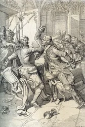 Revuelta de los streltsy: arresto de miembros de los regimientos streltsy (strelets) tras su levantamiento en 1698 contra las innovaciones progresistas del zar Pedro el Grande, Rusia (Streltsy uprising: sospechosos de pertenecer a los regimientos streltsy 