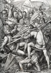 La batalla de Sempach, librada el 9 de julio de 1386 entre Leopoldo III, duque de Austria, y la Vieja Confederación Helvética, dibujo a pluma extraído de "Historische Memorabilian des In-und Auslandes" (Recuerdos históricos del interior y el extranjero) de