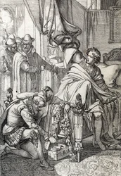 La detención de Carlos de Austria (1545-1568) (Don Carlos) hijo de Felipe II de España en 1568 por los hombres de su padre (Carlos, Príncipe de Asturias hijo mayor y heredero del rey Felipe II de España encarcelado por su padre a principios de 1568) Dibujo