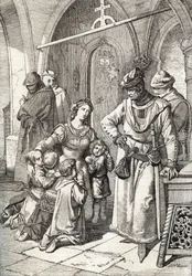 El asesinato de la noble dama Inês de Castro (1320-1355), segunda esposa de Pedro I (Pedro I) de Portugal, en el monasterio de Santa Clara de Coimbra, Portugal, 1355