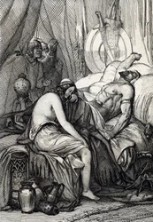 La muerte del rey de los hunos Atila (395-453) durante el sueño en su noche de bodas con la germánica Ildico, 453 (Muerte de Atila, gobernante de los hunos, en su noche de bodas, su novia Ildico llora sobre su cuerpo, 453) Dibujo a pluma según «Historis»