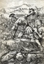 El suicidio del general romano Varo (Publio Quintilio Varo) (46 a. C.-9 d. C.) sobre su espada en la batalla del bosque de Teutoburgo contra los germanos en 9 d. C.