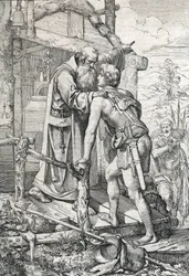 El joven Odoacro (h. 433-493) recibiendo la bendición de Severino, Apotre de Norique, h. 470 (Odoacro conoce al monje Severino de Noricum, quien le enseña que un día llegaría a ser famoso, 470 ca) Dibujo a pluma extraído de "Historische Memorabilian des