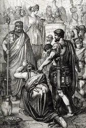 Guerra vándala: "La rendición del rey de los vándalos Gelimer se arrodilla ante el general bizantino Belisaire (500-565) en marzo de 534, Cartago, África" (Guerra vándala: el rey de los vándalos Gelimer se rinde ante el general Belisario, 534, África) Dibu