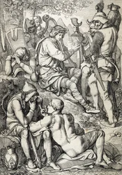 Guerra contra los vikingos: "El rey de Wessex Alfredo I el Grande (846-899) disfrazado de arpista entra en el campamento de Guthrum para derober sus planes de batalla, Somerset 878 (El rey Alfredo el Grande, disfrazado de músico, viendo la situación del en