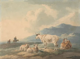 Paisaje de montaña: con vacas y cabras en primer plano y figuras, a la izquierda