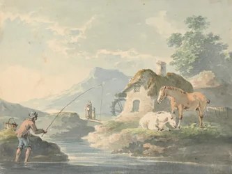 Escena rústica: hombre pescando, a la izquierda; casa de campo con molino de agua y caballos, a la derecha.