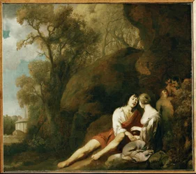 Amantes en un paisaje (pintura sobre lienzo)