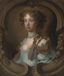 Retrato de Lady Frances Norcliffe (1654-1731), de busto, con vestido azul pálido con broche de perlas, en cartela esculpida (óleo sobre lienzo)
