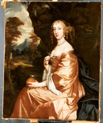 Retrato de Lady Penelope Nicholas, sosteniendo una naranja en un paisaje