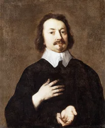 Retrato de un caballero, medio cuerpo, en negro con un cuello blanco