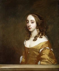 Retrato de una Dama de la Familia Popham, medio cuerpo, detrás de una Ventana, con un Vestido Naranja