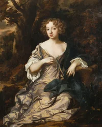 Retrato de una dama, sentada, en un paisaje boscoso, con un vestido de seda violeta con mangas y adornos blancos