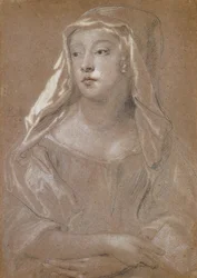 Retrato de una joven, tradicionalmente identificada como Sarah Jennings, duquesa de Marlborough, medio cuerpo, sosteniendo un libro, sus manos cruzadas en su regazo, su tocado drapeado sobre sus hombros, 1667