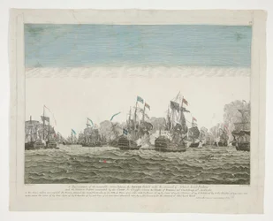 Representación de la memorable acción entre la flota británica al mando del almirante Lord Rodney y la flota francesa comandada por el conde de Graffe, entre las islas de Domenica y Guadalupe el 12 de abril de 1782