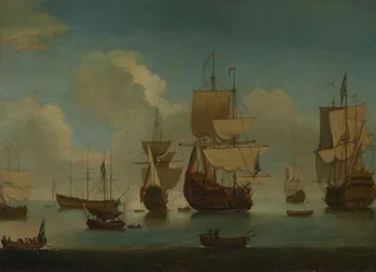Barcos de guerra ingleses fondeados en calma, secando velas, principios del siglo XVIII (óleo sobre lienzo)
