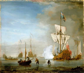 El velero tiene dos mástiles y plataforma (plataforma), identificado como el "Isabella" con bandera real