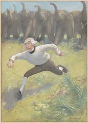 Hombre corriendo de elefantes