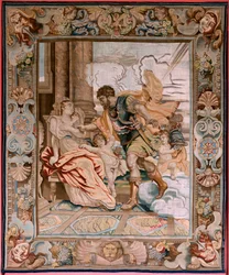 Tapiz flamenco. Serie Historia del cónsul Decius Mus. Marte se aparece a Rhea Silvia (Aparición de Marte a Rea Silvia). Octavo tapiz de la serie. Modelo PP Rubens. Fabricación Jan Raes II, Bruselas. Ca1620-1629. Tela Oro, plata, seda y lana.