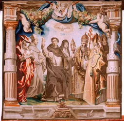 Tapiz flamenco. Serie El Triunfo de la Eucaristía. Los Defensores de la Eucaristía (os defensores de la Eucaristía). Décimo tapiz de la serie. Modelo Peter Paul Rubens. 1626-1628. Manufactura Jan II Raes, Hans Vervoert, Jacques Fobert, Bruselas