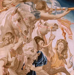 Tapiz flamenco. Serie El Triunfo de la Eucaristía. El Triunfo de la Iglesia (El Triunfo de la Iglesia). Octavo tapiz de la serie. Modelo Peter Paul Rubens. 1626-1628. Manufactura Jan II Raes, Bruselas