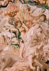 Tapiz flamenco. Serie El Triunfo de la Eucaristía. El Triunfo de la Iglesia (El Triunfo de la Iglesia). Octavo tapiz de la serie. Modelo Peter Paul Rubens. 1626-1628. Manufactura Jan II Raes, Bruselas