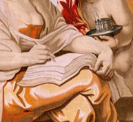 Tapiz flamenco. Serie El Triunfo de la Eucaristía. La sabiduría es inspirada por el Espíritu Santo (La Sabiduría inspirada por el Espíritu Santo). Decimonoveno tapiz de la serie. Modelo Peter Paul Rubens. 1626-1628. Fabricación Jacob II Geubels, Bruselas