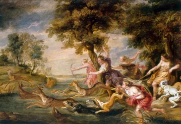 Diana y ninfas cazando gamos, c.1673 (óleo sobre lienzo)