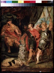 Mucius Scaevola devant Porsenna (Mucius Scaevola ante Porsenna). Cayo Mucio Scaevola, joven patricio romano capturado por la guardia real de Porsenna (Porsinna, Porsena)