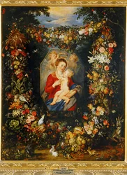 María Virgen y el Niño con corona de flores y frutos ...