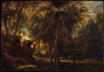 Un bosque al amanecer con una cacería de ciervos, c.1635
