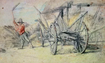 Un hombre trillando con un carro de granja en primer plano