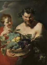 Un sátiro sosteniendo un cesto de uvas y membrillos con una ninfa, de Peter Paul Rubens